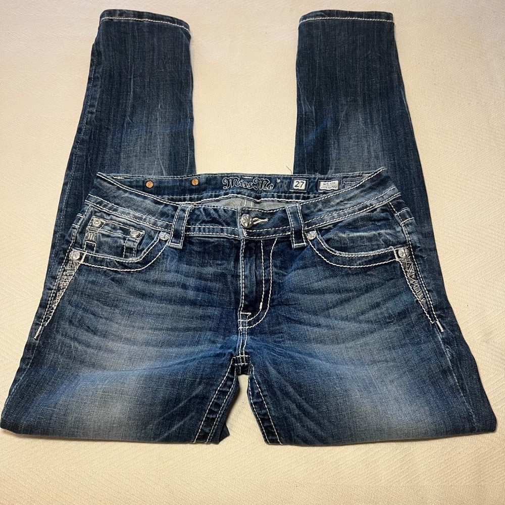 Miss Me Easy Skinny Y2K 2000s Dark Wash Thick Stitch Low Rise Size 27